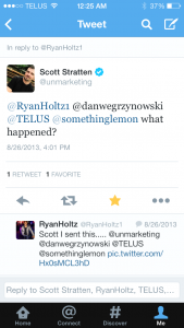 Scott Stratten replying to my Tweet to Telus