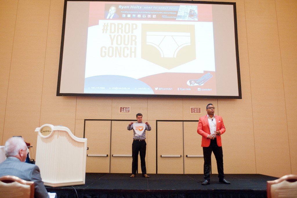 Chad Zender  of Zender Ford holding up my underwear at The Wynn in Las Vegas.